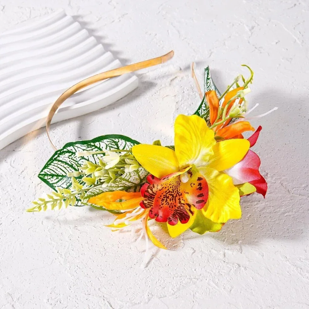 Hawaiian Orchid Flower Crown Tropical Lei Hair Accessory for Women Girls